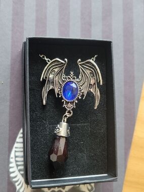 💀NEW💀Bat Wing Necklace with Blue Gem and Dark  Drop